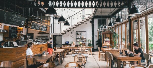 interior of rustic cafe with wooden tables