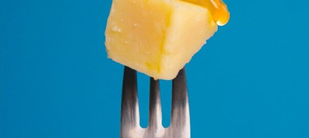 a fork with a piece of cheese on top of it